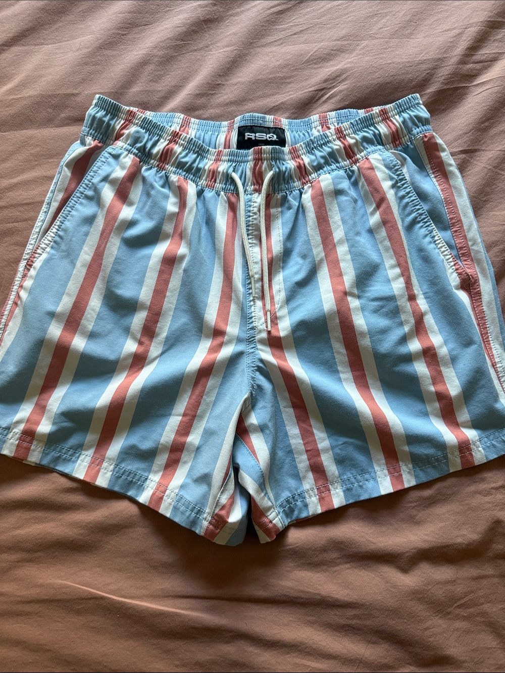 RSQ Men's Light Blue, Coral & White Striped Swim Trunks